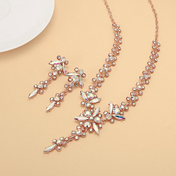 Хрусталь AB Ожерелья с подвесками и серьги-гвоздики из латуни с цветочным узором и стразами, розовое золото , хрусталь AB, 420 мм