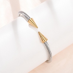 Oro & Acero Inoxidable Color Pulseras de doble cono terminal de acero inoxidable con diseño abierto y acabado bicolor para mujer, acero color oro y acero, diámetro interior: 304 pulgada (2.40 cm)