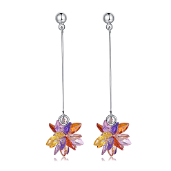 Colorful Brass Micro Pave Cubic Zirconia Dangle Stud Earring, Cadmium Free & Lead Free & Nickel Free, Flower, Platinum, Colorful, 46x13mm