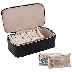 Черный Портативный дорожный органайзер для ювелирных изделий из искусственной кожи с ручками, с бархатной внутренней отделкой и 12шт. тканевыми мешочками на молнии, прямоугольные, чёрные, 23.5x11.7x8.4 см