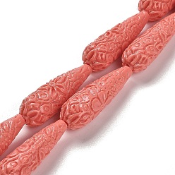 Indian Red Synthetic Coral Carved Beads Strands, Dyed, Teardrop, Indian Red, 34x10.5mm, Hole: 1.2mm, about 11pcs/strand, 14.65''(37.2cm)