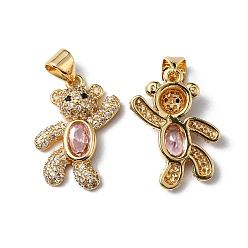 Pink Стойка металлическая латунная микропрофилированная кубическая циркония подвески, без кадмия и без свинца, долговечный, реальный 18 k позолоченный, медведь, розовые, 19.5x12.5x4.5 мм, отверстие : 4x3.3 мм