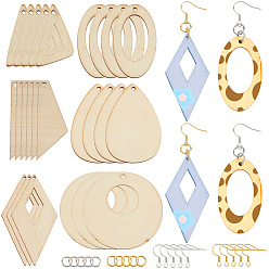 Цвет Древесины Набор для изготовления украшений своими руками, в том числе деревянные подвески, латунные кольца и серьги, деревесиные, 33~60x18.5~30.5x1.5~3 мм, отверстие : 2~3 мм