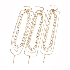 Golden Double Layered & Chain Necklaces Sets, with Brass Pendants & Cable Chains, Aluminium Paperclip Chains, 304 Stainless Steel Toggle Clasps & Lobster Claw Clasps, Stick, Golden, 14.17 inch(36cm), 15.55 inch(39.5cm), 2pcs/set