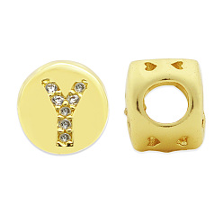Letter Y Brass Micro Pave Clear Cubic Zirconia Beads, Flat Round with Letter, Letter.Y, 7.5x6.5mm, Hole: 3.5mm, 3pcs/bag