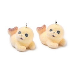 Sea Lion Флокированные подвески из непрозрачной смолы, с платиновыми тоновыми железными петлями, очарование животных, шампанское желтый, морской лев, 25x28.5x19 мм, отверстие : 2 мм