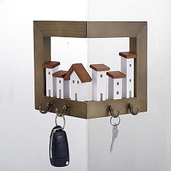 Café Soporte de esquina de madera para llaves, montado en la pared, con ganchos metálicos., forma de la casa, Bronce antiguo, café, 4 cm