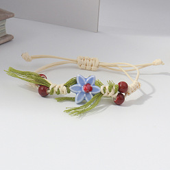 Cornflower Blue Adjustable Handmade Porcelain Flower Polyester Cord Braided Bead Bracelets for Women, Cornflower Blue, 2.36~9.84 inch(6~25cm)