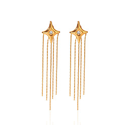 Oro 304 Pendientes de estrella con borla de acero inoxidable y circonitas cúbicas transparentes para mujer, dorado, 80x15.4 mm
