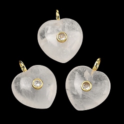 Хрусталь Природного кварца хрустальных подвесок, подвески в форме сердца из горного хрусталя с латунной микропаве из прозрачных кубических цирконий, золотые, 25.5~26.5x20.5x12~13 мм, отверстие : 4.5 мм