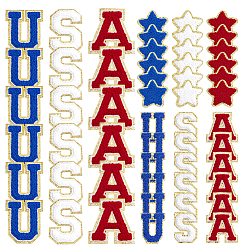 Mixed Color 54Pcs 9 Styles 
Independence Day Cloth Embroider Thread Iron on/Sew On Patches, Hot Melt Adhesive, Cloth Appliques, Letter U S A & Star, Mixed Color, 55~83x40~80x3~4mm, 6pcs/style