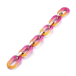 Magenta Handmade Two Tone Opaque Acrylic Cable Chains, with CCB Plastic Linking Rings, Flat Oval, Rose Gold, Magenta, Links: 31x19.5x5.5mm and 18.5x11x4.5mm, 39.37 inch(1m)/strand
