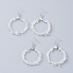 Опал Opalite болтаться серьги, с платиновыми латунь серьги крючки, круглые кольца, 51.2~56.2 мм , штифт: 0.5 мм