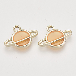 Orange Epoxy Resin Pendants, with Light Gold Alloy Open Back Settings, Planet, Universe Space Charms, Orange, 14.5x19.5x2.5mm, Hole: 2mm