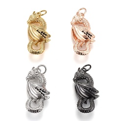 Mixed Color Brass Micro Pave Black Cubic Zirconia Pendants, with Jump Rings, Long-Lasting Plated, Dragon Shape, Mixed Color, 24x12x7mm, Hole: 3mm