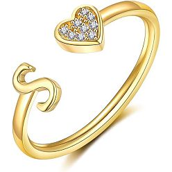 Letter S Регулируемые латунные кольца из манжеты из горного хрусталя, письмо и сердце, золотые, Письмо с, внутренний диаметр: 15~20 мм