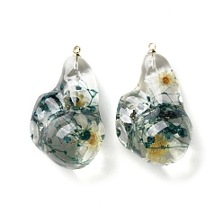 чирок Подвески из прозрачной смолы с сухоцветами, с латунной найти, зелено-синие, 37.5x22.5x16 мм, отверстие : 1.6 мм