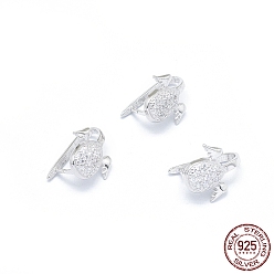 Platinum Rhodium Plated 925 Sterling Silver Ice Pick Pinch Bails, with Clear Cubic Zirconia, Carve 925, teardrop, with Wing, Platinum, 11.5x10.5x2.8mm, Inner: 5x9mm, Pin: 0.7mm