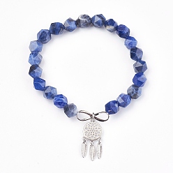 Sodalite Natural Sodalite Beads Charm Bracelets, with Brass Findings, Woven Net/Web with Feather, 2 inch(5.2cm), Pendant: 24x10.5x2mm