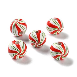 Красный Набивные деревянные европейские бусины, круглый со спиральной накладкой, красные, 16x15 мм, отверстие : 4 мм