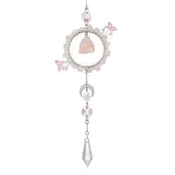 Розовый Кварц Подвеска-ловец солнца из натурального розового кварца и стекла, Декоративная подвесная хрустальная призма в виде бабочки с изображением луны и солнца для окна и сада., 313~317 мм
