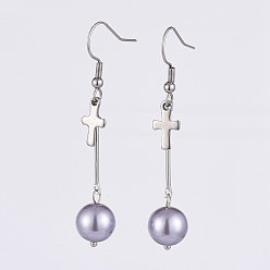 Серый Стеклянные под жемчуг болтаться серьги, с металлическими стержнями из платины, 304 подвески из нержавеющей стали и 316 хирургические крючки для серег из нержавеющей стали., крестик, серые, 56 мм , штифт: 0.7 мм