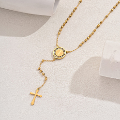 Плоский Круглый 201 подвеска в виде святого креста с кисточкой, рельефный портрет из нержавеющей стали со стразами, четки для женщин, золотые, плоско-круглые, 20.87 дюйм (53 см)