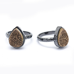 Верблюжий Гальванизированный естественный druzy кварцевый кристалл палец кольца, с фурнитурой из экологически чистой латуни, без свинца и без кадмия, долговечный, плоско-круглые, Размер 7, металлический черный , верблюжие, 17 мм