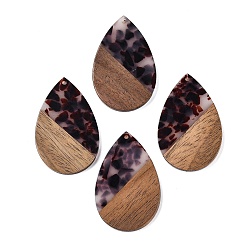 Кокосово-Коричневый Большие подвески из прозрачной смолы и орехового дерева, с блеском порошок, слеза, кокосового коричневый, 51.5x33~33.5x3.5 мм, отверстие : 2 мм