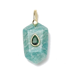 Amazonite Natural Amazonite Pendants, Faceted Hexagon Charms with Brass Micro Pave Cubic Zirconia Findings, Golden, 32.5x14.5x9mm, Hole: 4.5x6.5mm