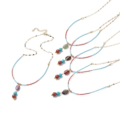 Mixed Stone 5Pcs 5 Style Natural & Synthetic Mixed Gemstone Oval Pendant Necklaces Set, Glass Seed Beaded Stackable Necklaces with Brass Dapped Chains for Women, 17.72 inch(45cm), 1Pc/style