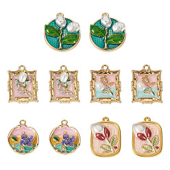 (52) Непрозрачная лаванда 10шт 5 стили подвески из эмалированного сплава с покрытием, без кадмия, без никеля и без свинца, золотой свет, прямоугольный и плоский круглый с подвеской в виде цветка, разноцветные, 23.5~25.5x18~21x5~5.5 мм, отверстие : 1.6~2 мм, 2 шт / стиль