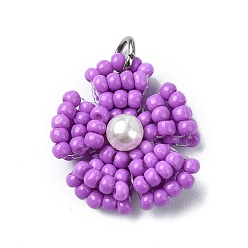 Средняя Орхидея Подвески из стеклянных бусин в виде маргариток, с перламутровым кольцом и цветным кольцом из нержавеющей стали, средне орхидеи, 18~19x18x4 мм, отверстие : 3.5 мм