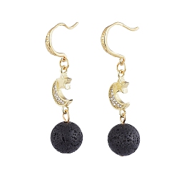 Lava Rock Natural Lava Rock Round Beads Dangle Earrings, with Brass Micro Pave Cubic Zirconia Links, Brass Earring Hooks and Jewelry Box, Moon, 45mm, Pin: 0.7x0.5mm