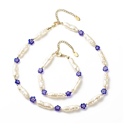 Azul ABS perla de imitación y pulsera de collar con cuentas de vidrio millefiori, conjunto de joyas para mujer, azul, 7-1/2 pulgada (19.2 cm), 15.94 pulgada (40.5 cm)