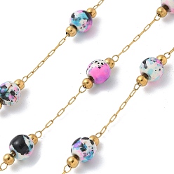 Разноцветный Ионное покрытие (ip) 304 звенья цепи из нержавеющей стали, пайки, с фарфоровыми бусинами и катушкой, реальный 18 k позолоченный, красочный, 2.5x1x0.2 мм, около 32.81 футов (10 м) / рулон