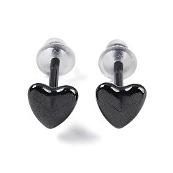 Black Porcelain Stud Earrings, Heart, Black, 5.8x5.8mm