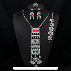 Красный Прямоугольный сплав с подвеской из смолы, подвесные серьги-гвоздики, браслет и кольцо, античное серебро, красные, 40x22 мм & 540 мм & 210~230 мм & 22 мм