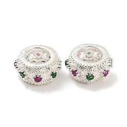 Серебро Реечное покрытие латунь микро паве кубический цирконий европейские бусины, бусины с большим отверстием, плоско-круглые, без свинца и без кадмия, серебряные, 7.5x4 мм, отверстие : 4 мм