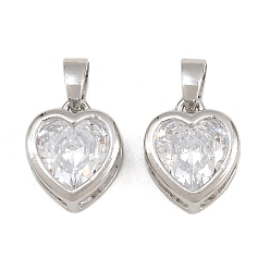 Platinum Brass Pave Clear Cubic Zirconia Charms, Single Stone Charms, Heart Charms, Platinum, 12x10x5mm, Hole: 4.5x3mm