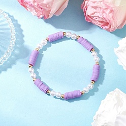 Орхидея Бусины из полимерной глины ручной работы с бусинами из АБС-пластика, имитирующими жемчуг, и латунными бусинами-разделителями, а также браслеты из корейской эластичной хрустальной нити, сиреневые, внутренний диаметр: 2-1/4 дюйм (5.7 см)