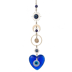 Heart Blue Evil Eye Lampwork Pendant Decorations, with Brass Star/Moon Link, Hanging Ornaments, Heart, 210mm