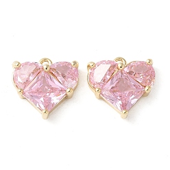 Pink Латунные микропаве прозрачные подвески с фианитом, сердце прелести, без кадмия и без свинца, долговечный, стойки покрытие, с целью перехода в кольце, розовые, 12x12x4 мм, отверстие : 1 мм