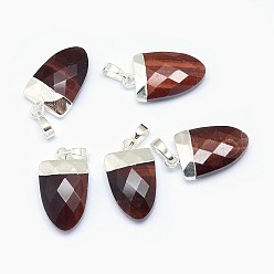 Тигровый глаз Природных тигровый глаз подвески, с длинными латунными накладками, граненые, ножны, серебряный цвет гальваническим, 18~19x11x5 мм, отверстие : 4x6 мм