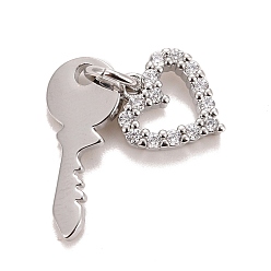 Платина Кубического циркония подвески, с реечной обшивкой латунными выводами, с прыжковых колец, долговечный, без свинца и без кадмия, ключ и сердце, платина, 18 мм, Перейти кольцо: 4.6x0.8 мм, 3 мм внутренним диаметром, Ключ: 15.5x6.5x1 мм, Сердце: 19.5x9x2 mm