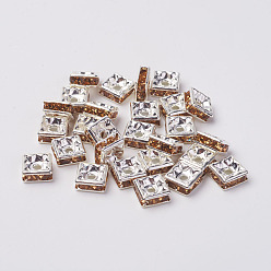 Light Colorado Topaz Brass Rhinestone Spacer Beads, Grade A, Silver Color Plated, Square, Light Colorado Topaz, 6x6x3mm, Hole: 1mm