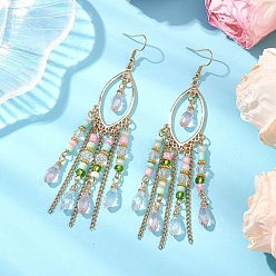 Pink Овальные стеклянные серьги-гвоздики, с 304 крючками для серег из нержавеющей стали и стеклянными бусинами, золотые, розовые, 110.5x24.5 мм