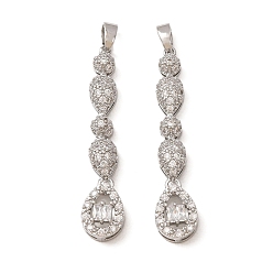 Platinum Brass Micro Pave Clear Cubic Zirconia Pendants, Multi Layer Teardrop Charms, Platinum, 38x8.5x5.5mm, Hole: 2x4.5mm