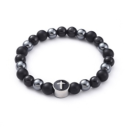 Black Women Stretch Bracelets, with Cat Eye, Natural Agate, Non-Magnetic Synthetic Hematite and 304 Stainless Steel Enamel Beads, with Burlap Bags, Black, 2-1/8 inch(5.5cm)