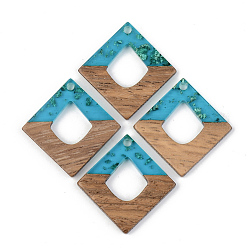 Dark Turquoise Transparent Resin & Walnut Wood Pendants, with Gold Foil, Rhombus, Dark Turquoise, 27.5x27.5x3mm, Hole: 2mm, Side Length: 19.5mm